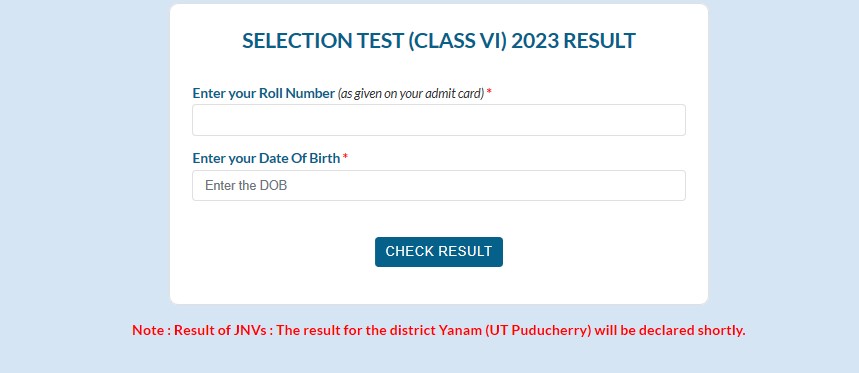 JNVST Class 6 Exam Result 2023