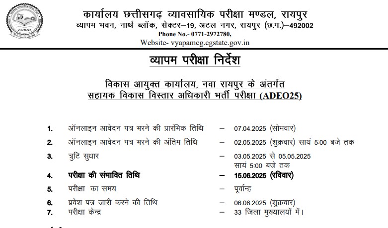Cg Adeo Vacancy Admit card 2025